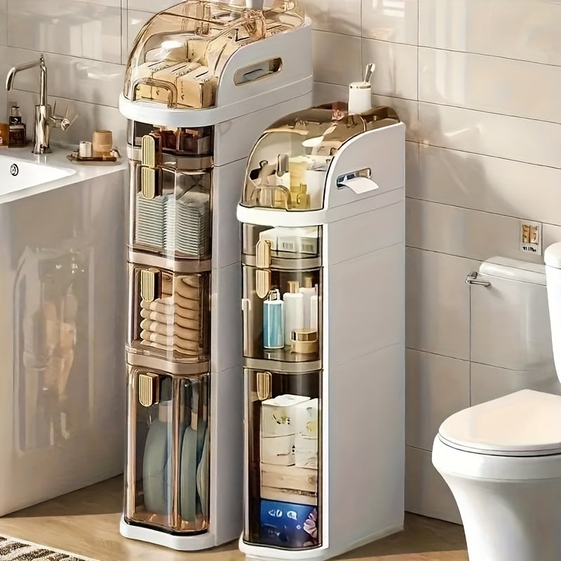 Narrow Tall Bathroom Storage Cabinet 7 Inch Slim Freestanding Rack with Clear Drawers 3 Tier Space-Saving Organizer for Small Spaces