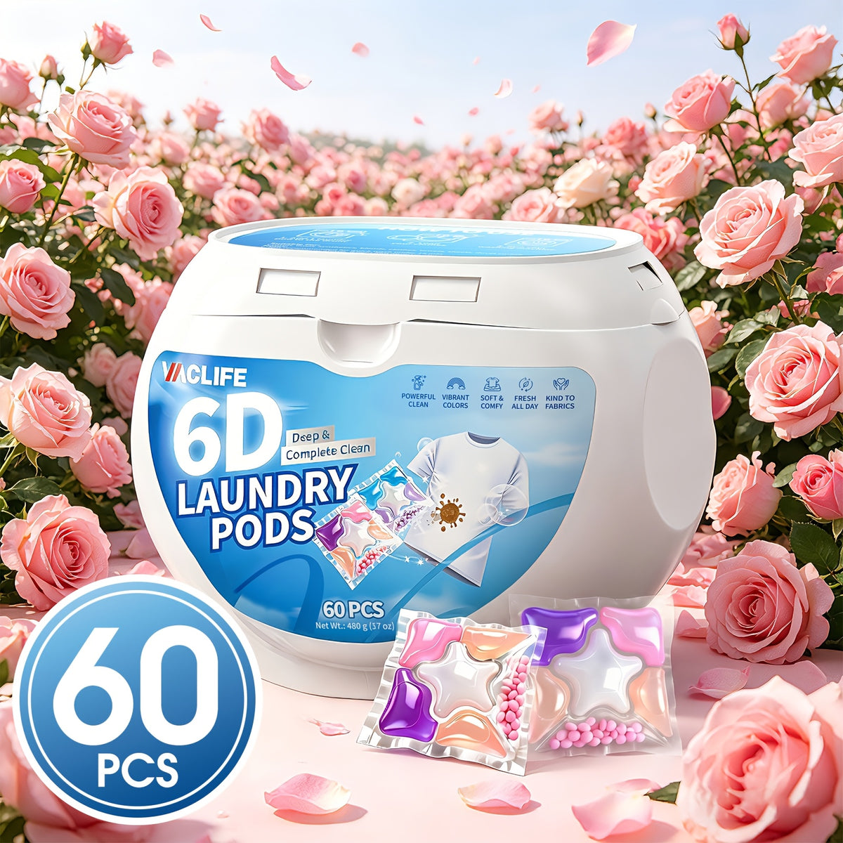 6-in-1 Laundry Detergent Pods 50 Count + 10 Bonus, Deep Clean Stain Removal Color Protection Fabric Softening Long-Lasting Rose Fragrance, Fast Dissolving HE Washer Compatible Laundry Pods