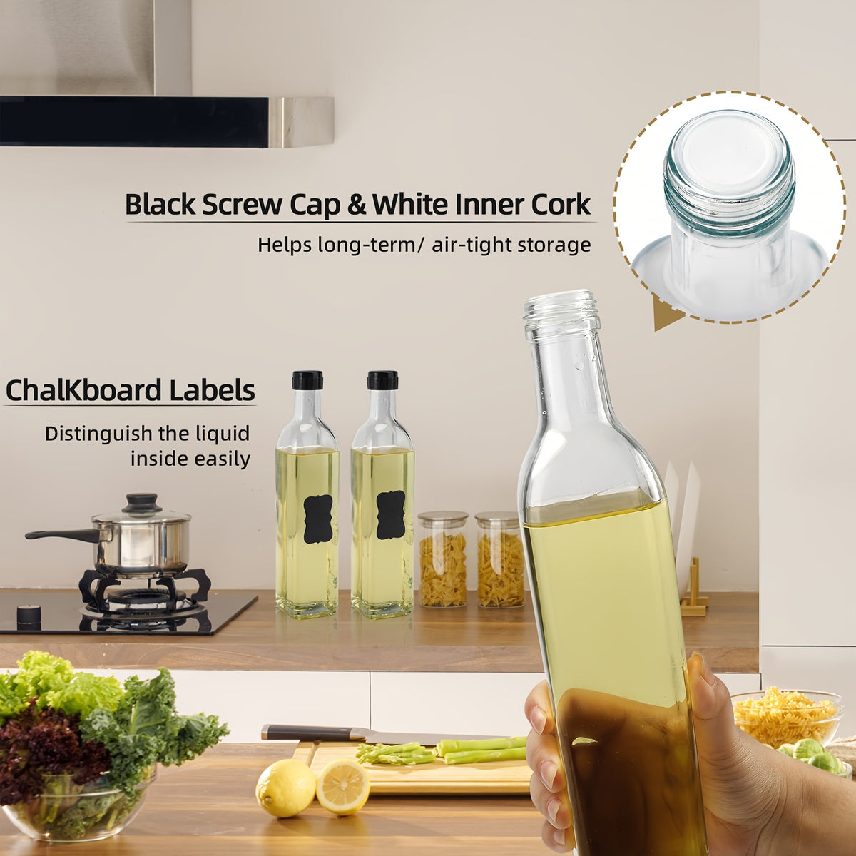 Glass Oil Dispenser Bottles Set 4/8pcs, 17oz Square Borosilicate Glass Olive Oil & Vinegar Dispenser with Spout, Funnel, Labels & Lids, Kitchen Condiment Containers for Home, Restaurant & Outdoor