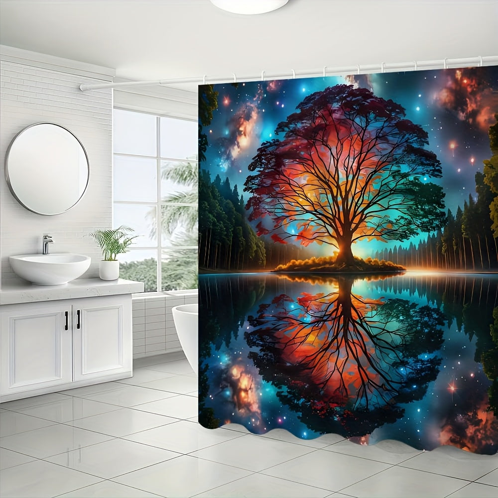 Tree of Life Shower Curtain Set 4 Piece – Includes Shower Curtain with 12 Hooks, Non-Slip Bath Mat, U-Shape Toilet Mat & Lid Cover – Boho Bathroom Decor