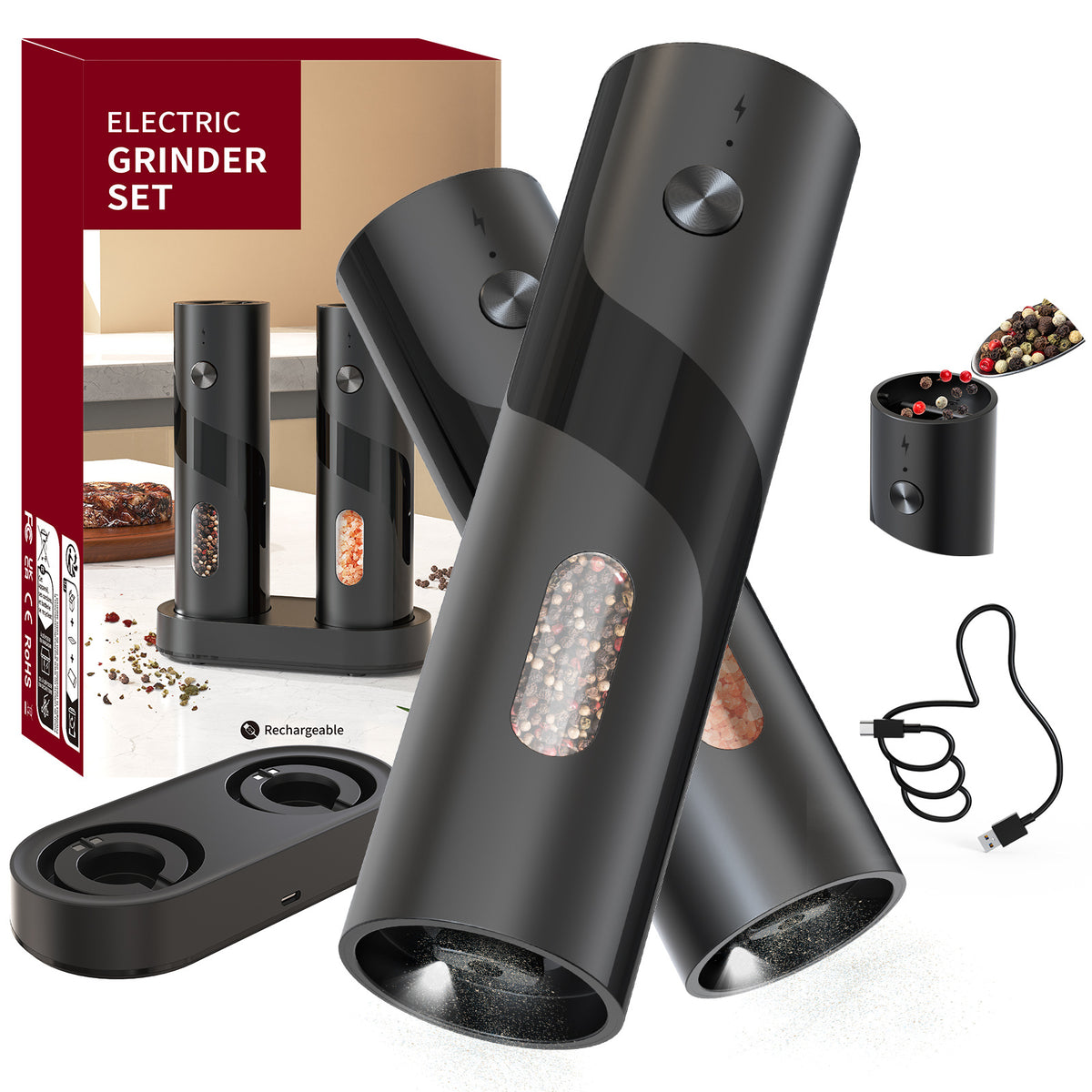 Electric Salt & Pepper Grinder Set USB Rechargeable with Charging Base, LED Grinding Light, Top-Fill Large Capacity – 1 or 2 Piece, Black & Green