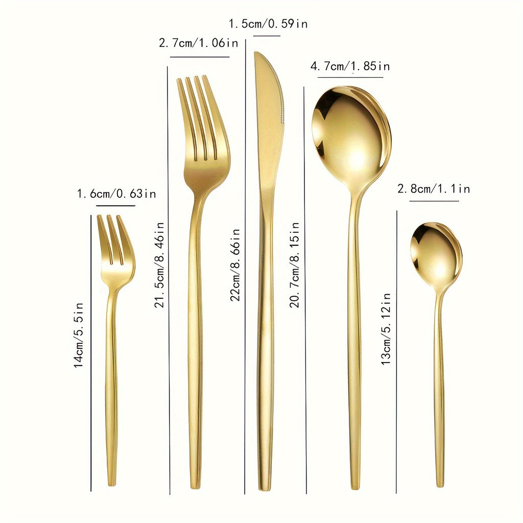 Elegant Golden Stainless Steel Cutlery Set 5-Piece – Knife, Fork, Soup Spoon & Dessert Spoon, Dishwasher Safe, for Home, Restaurant, Wedding & Celebrations