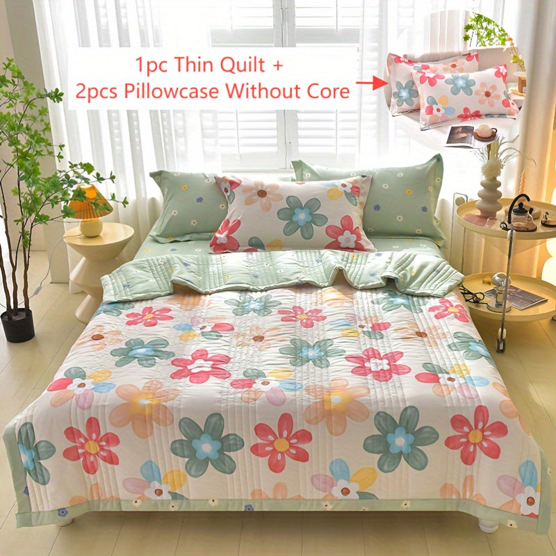 Summer Cooling Quilt Set 3 Piece Thin Quilt 2 Pillowcases Floral Embossed Skin Friendly Soft All Season Comforter - Twin Full Queen King Hotel Bedroom