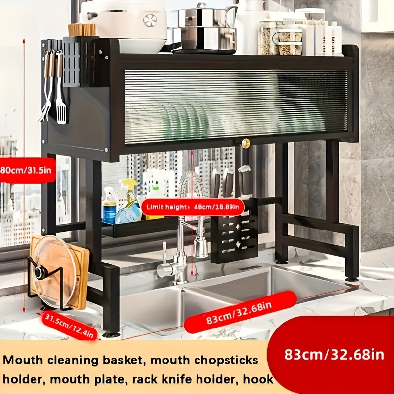 Multi-Tier Dish Rack with Dust-Proof Cover – Black Kitchen Countertop Drying Rack for Dishes, Drain Rack for Kitchen Sink, Space-Saving Utensil Storage Organizer for Household Kitchen