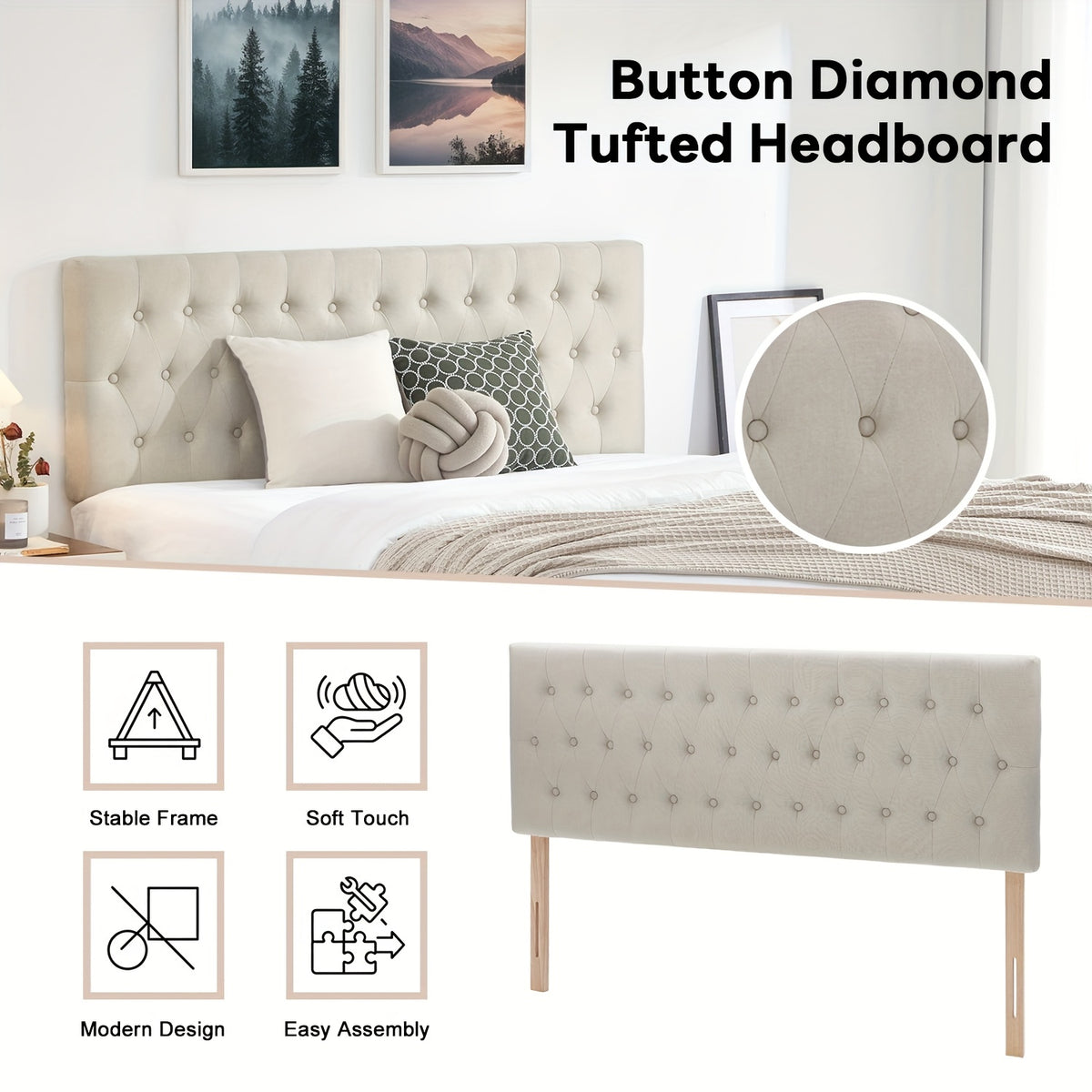 Tufted Upholstered Headboard – Premium Linen Fabric, Adjustable Height 37–51”, Solid Wood Frame | Twin & Queen | Gray & Beige