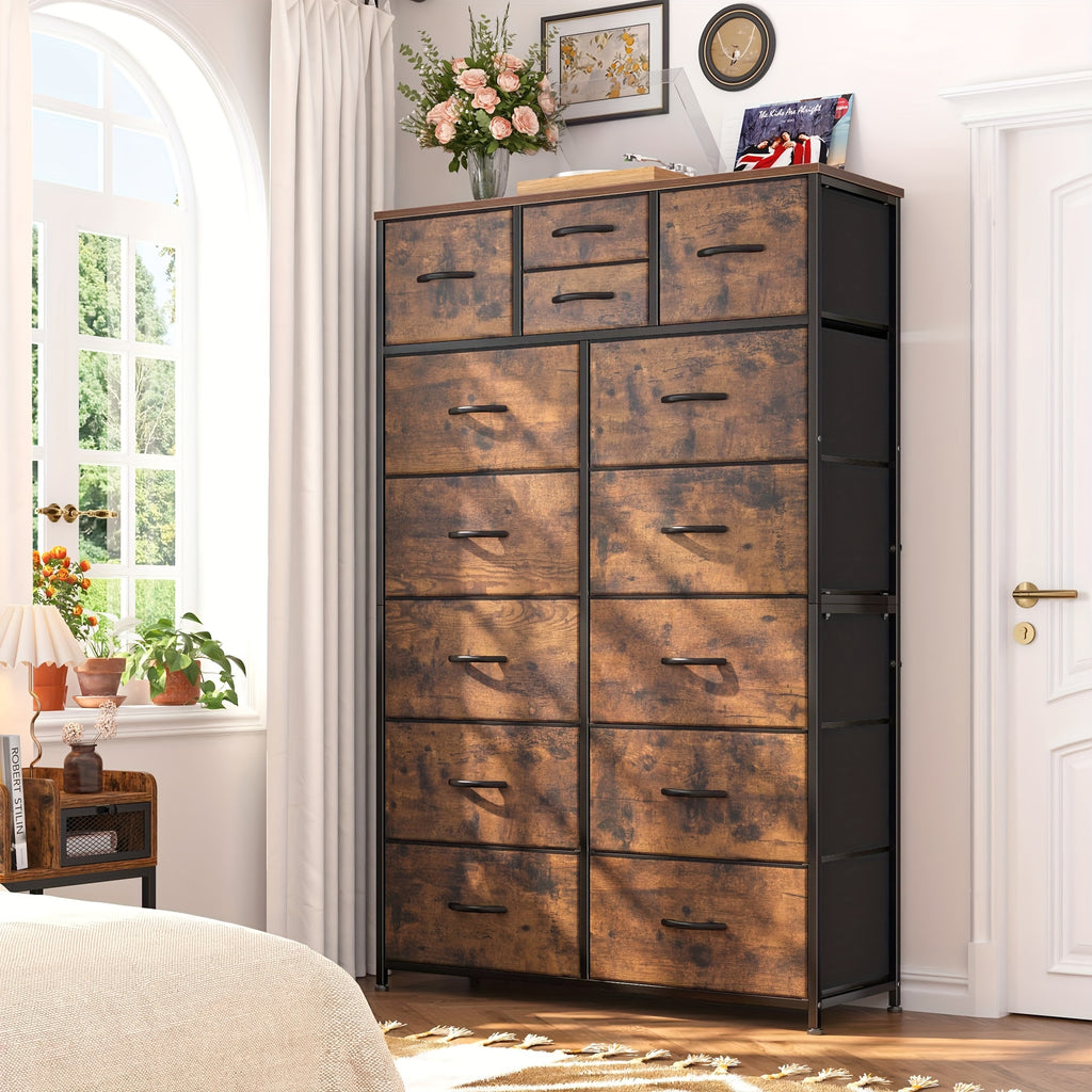 Tall Fabric Dresser with Wood Top & Metal Frame – Large Bedroom Dresser Storage Drawer Unit 37"W x 52"H for Closet Living Room Entryway