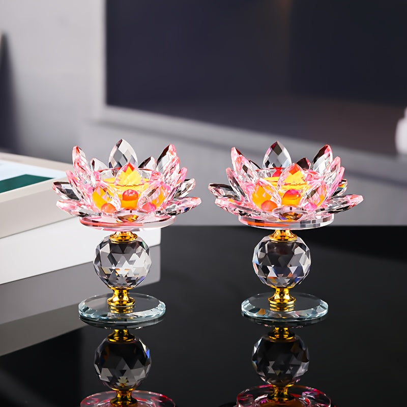 Crystal Lotus Candle Holders Set of 2 Polished Decorative Desktop Centerpiece for Christmas Thanksgiving Halloween Easter Hanukkah Home Decor