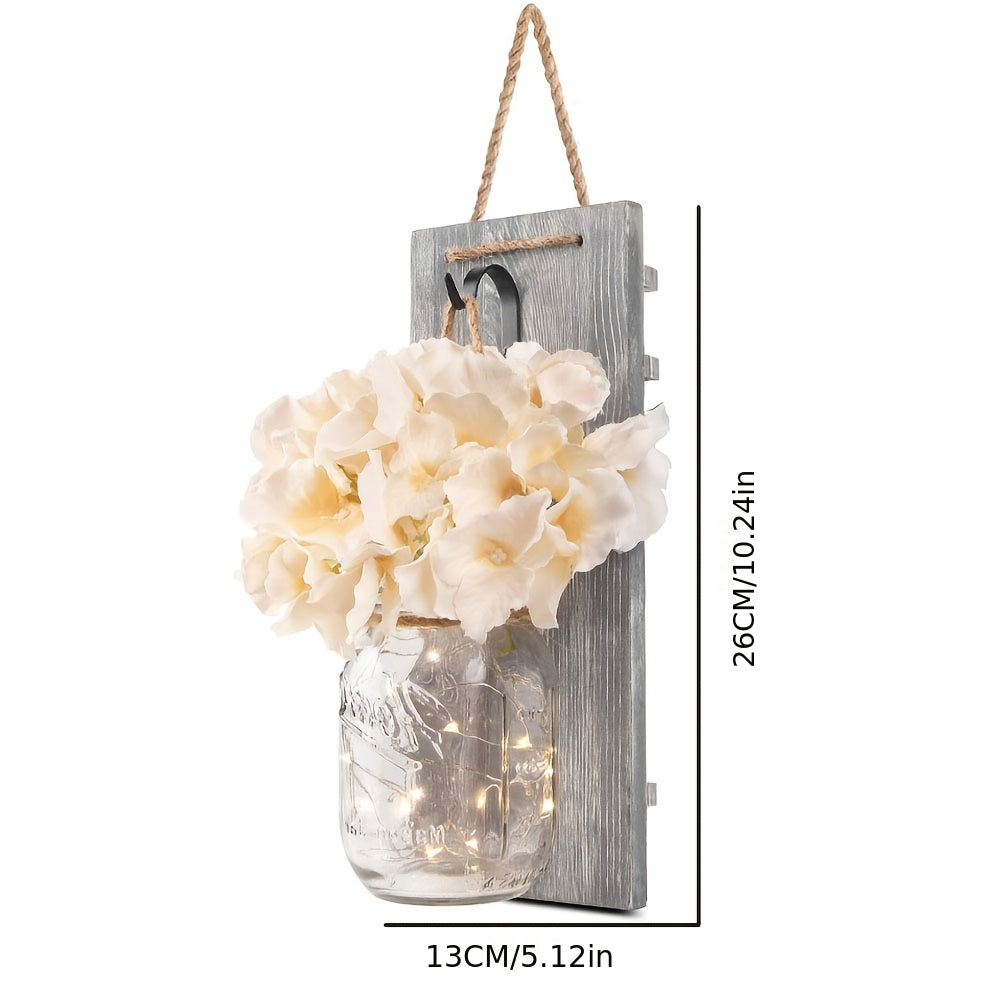 Mason Jar Wall Decor Set of 2 – Rustic Farmhouse Wall Sconces with Ivory Hydrangea Flowers & Light Fixture | Handmade Home Decor