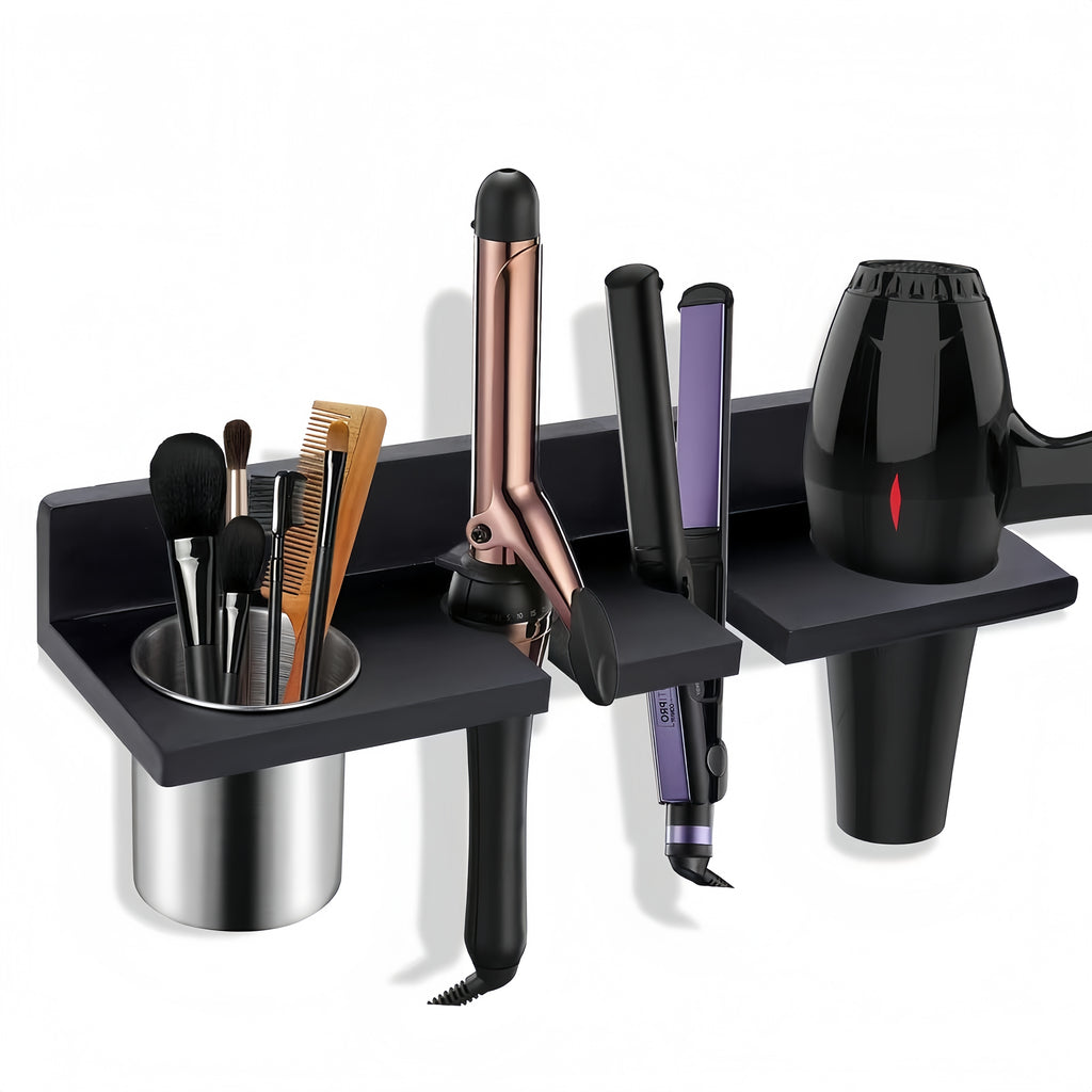 Wall Mounted Wooden Hair Tool Organizer – Multi-Functional Storage Rack for Hair Dryer, Curling Iron, Straightener & Brushes, Rustic Bathroom & Salon Organizer, Brown or Black