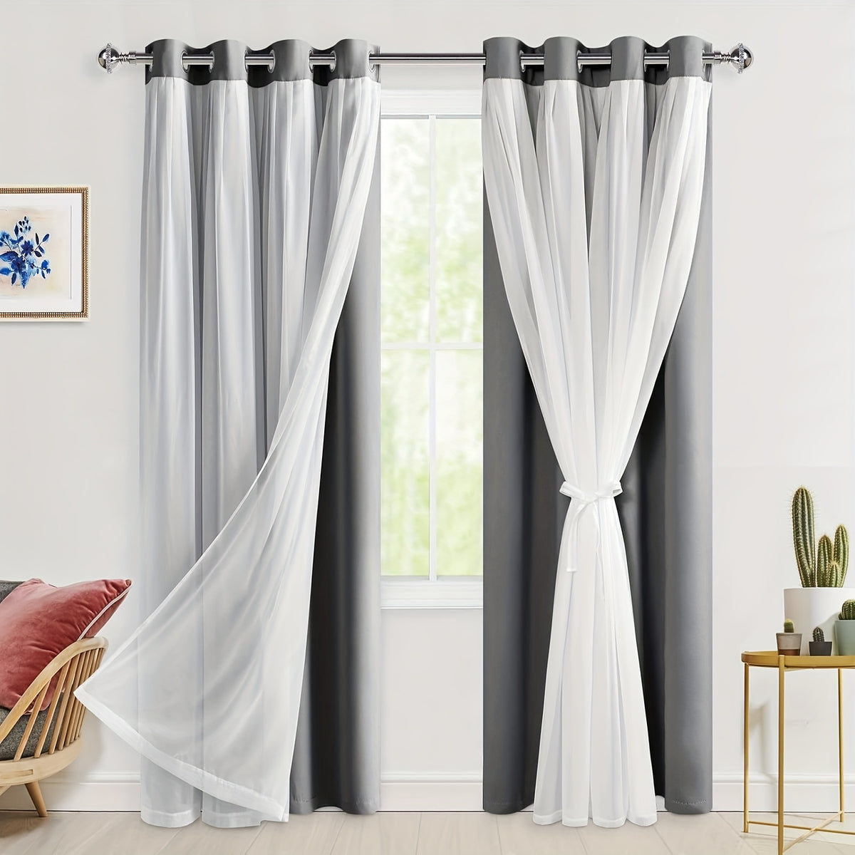Double Layer Blackout Curtains with Sheer Overlay 2 Panels - Grommet Top Thermal Insulated Mix & Match Window Drapes with Tiebacks for Bedroom Living Room, All Season