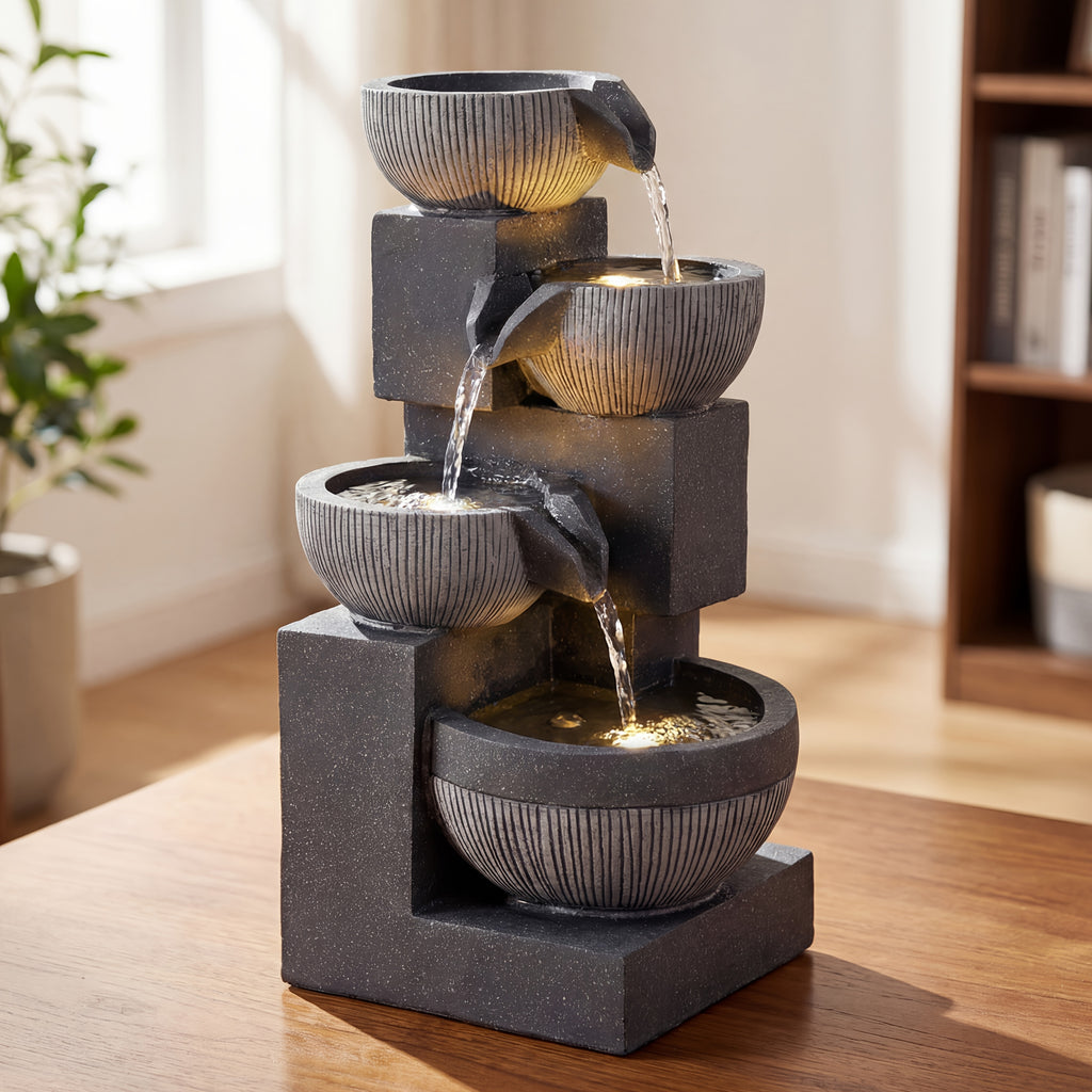 4-Tier Cascading Bowl Water Fountain 18.7" Floor Standing with LED Lights & Silent Pump – Indoor Waterfall Fountain for Home Decor, Office & Meditation
