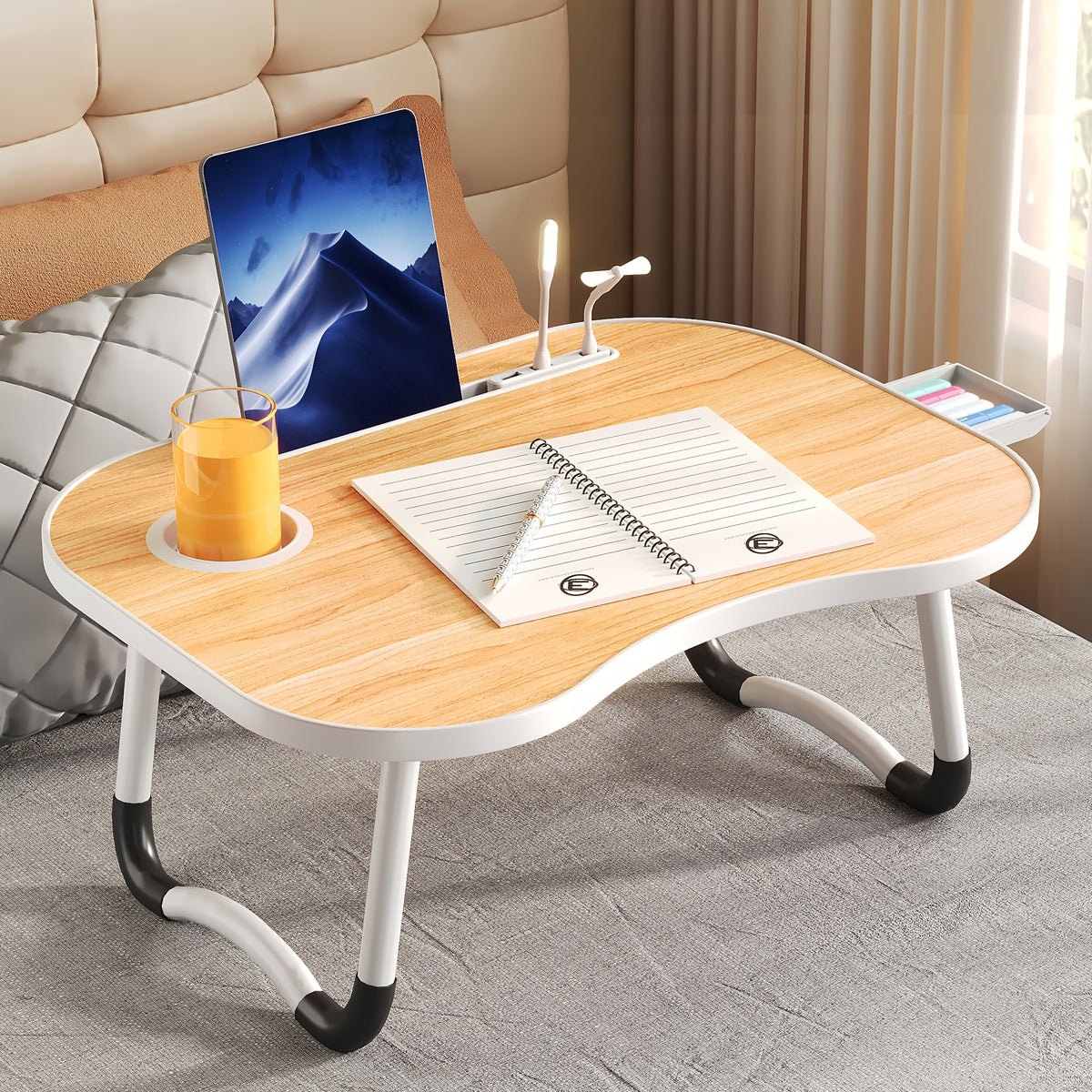 Portable Foldable Laptop Bed Table – Lap Desk with Cup Holder, Tablet & Card Slot, USB Option, for Bed Sofa Floor, Eating Reading Writing, 11 Styles
