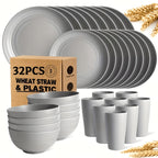 16 or 32pcs Wheat Straw Dinnerware Set Plates and Bowls Microwave Dishwasher Safe Durable Plastic Tableware for 8 – Party Gifts Multiple Colors