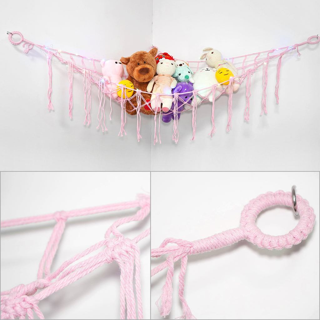 Stuffed Animal Storage Hammock with Star Lights – Corner Mesh Toy Organizer with Hooks for Kids Room, Bedroom & Nursery | White, Black & Pink