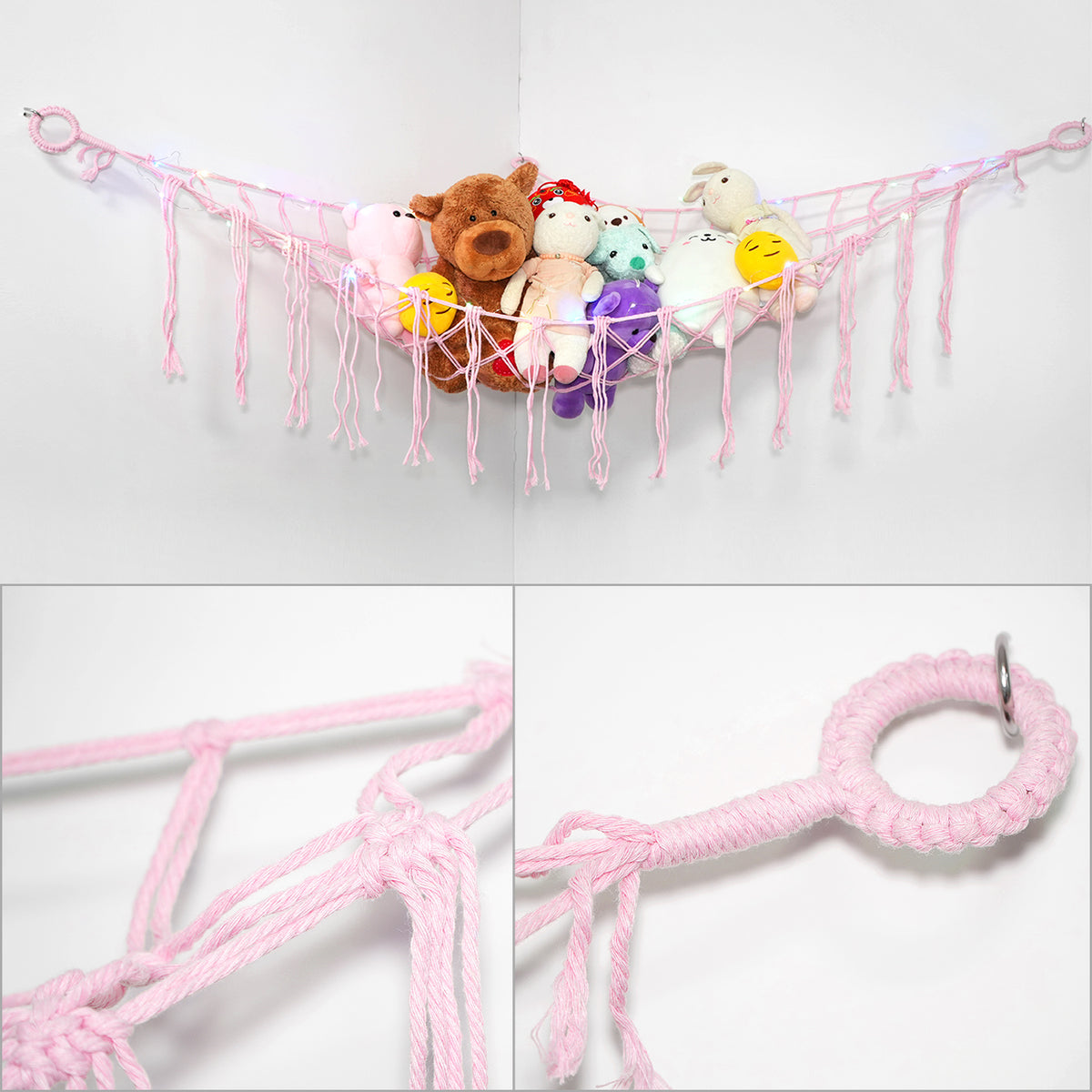 Stuffed Animal Storage Hammock with Star Lights – Corner Mesh Toy Organizer with Hooks for Kids Room, Bedroom & Nursery | White, Black & Pink
