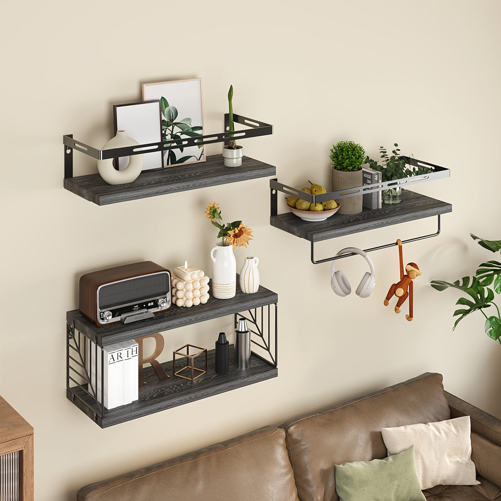 Wall Mounted Shelf 3+1 Tier with Black Metal Guardrails and Storage Baskets Space Saving Floating Shelves for Kitchen Bathroom Bedroom Living Room Home Decor