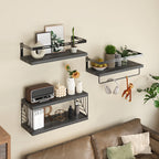 Wall Mounted Shelf 3+1 Tier with Black Metal Guardrails and Storage Baskets Space Saving Floating Shelves for Kitchen Bathroom Bedroom Living Room Home Decor