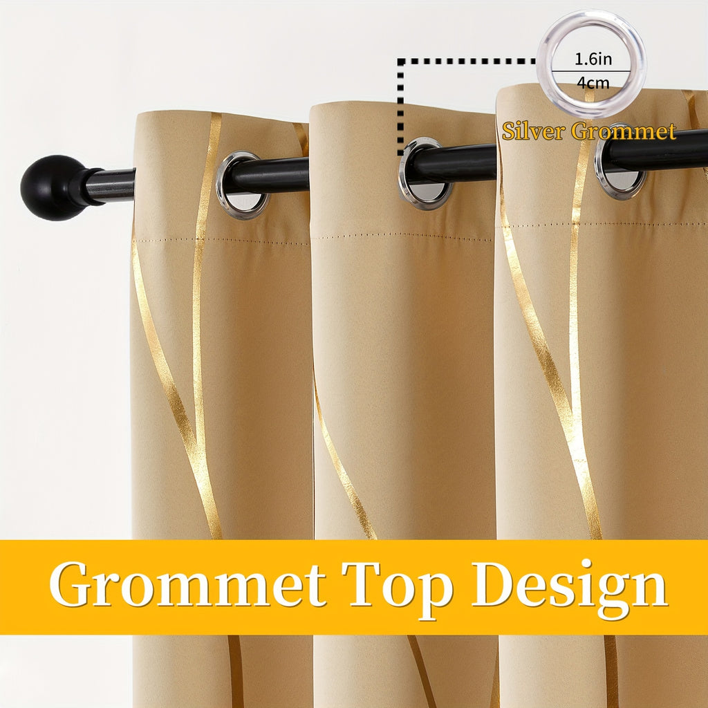 Blackout Curtains Glam Style 2 Panels - Grommet Top Room Darkening Drapes with Gold Foil Wave Pattern, Thickened Polyester Heat Insulation for Living Room & Bedroom