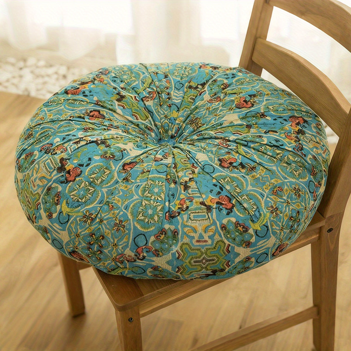 Round Bohemian Floor Cushion Pumpkin Tatami Seat Pad | Large Thickened Vintage Throw Pillow for Bedroom Chair Meditation, Orange Blue