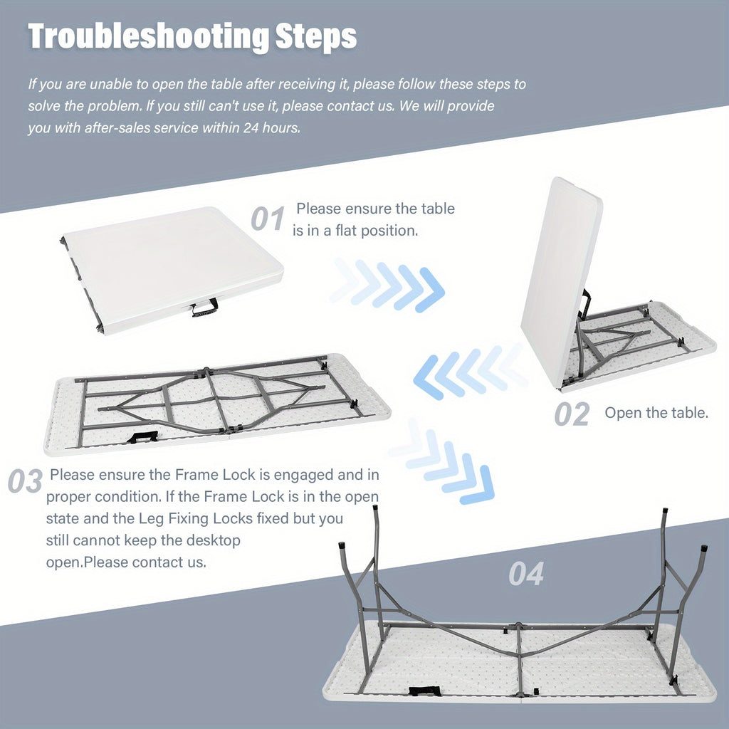 Folding Table 4ft 6ft Lightweight Portable Table Indoor Outdoor Picnic Camping Board Game with Carrying Handle Locks White