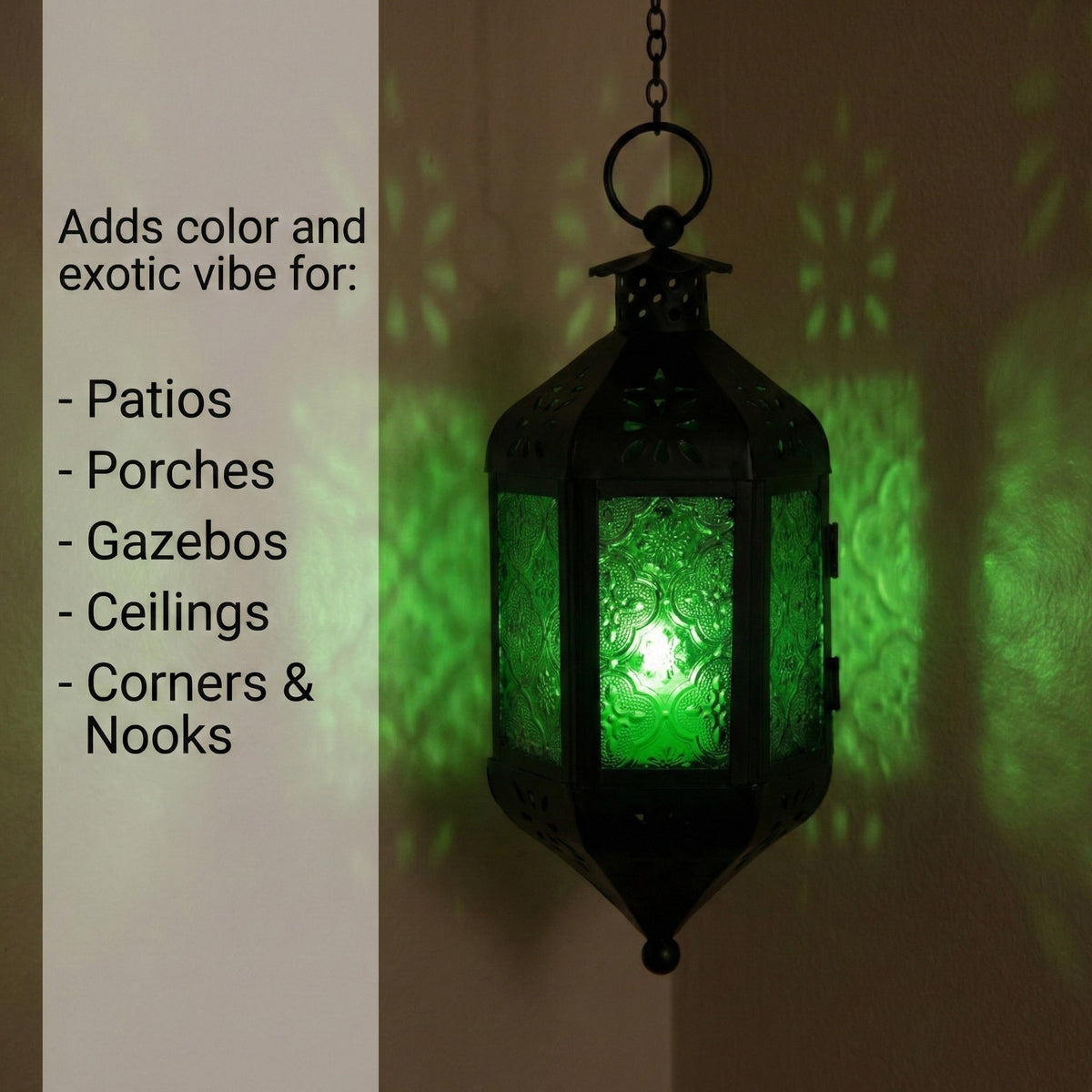 Moroccan Hanging Candle Lantern with Chain – Vintage Boho Style Iron & Glass Tealight Holder for Home, Patio, Garden, Wedding & Ramadan Decor (23.5" Overall)