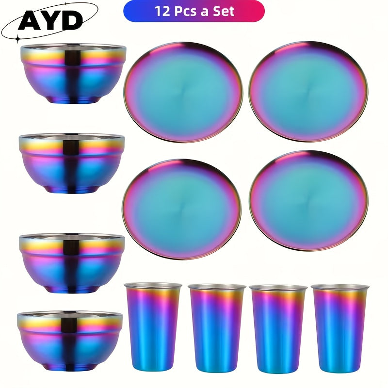 Rainbow Stainless Steel Camping Dinnerware Set – 12 or 36-Piece Plates, Bowls, Cups, Forks, Spoons & Knives for Outdoor Picnic, Backpacking & Family Camping