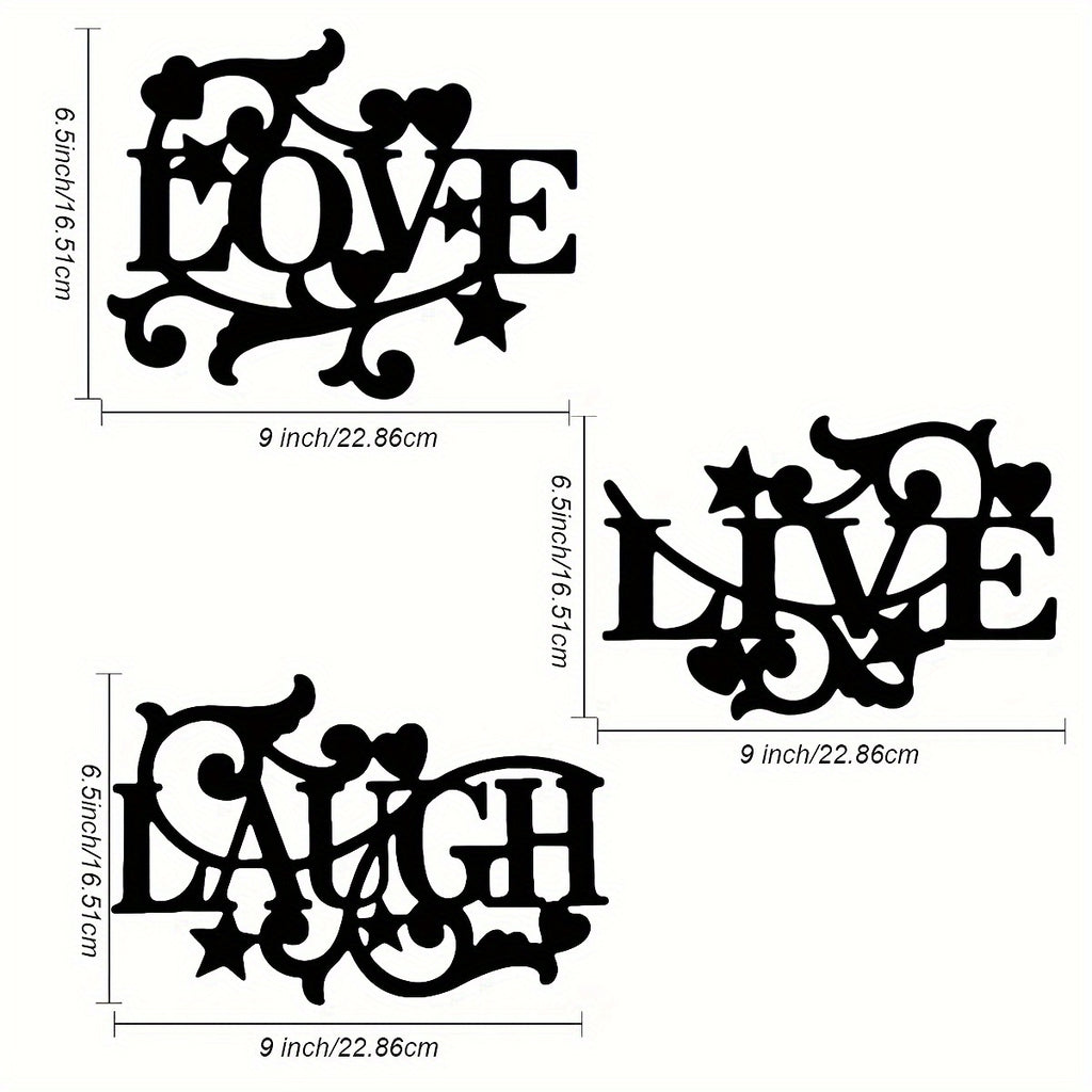 3-Piece Metal Wall Art Set – Love Life Laughter Letter Sign Silhouette | Modern Elegant Black Wall Decor for Living Room, Bedroom & Kitchen | Stylish Home Art Decoration