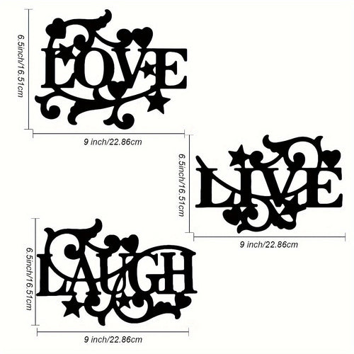 3-Piece Metal Wall Art Set – Love Life Laughter Letter Sign Silhouette | Modern Elegant Black Wall Decor for Living Room, Bedroom & Kitchen | Stylish Home Art Decoration