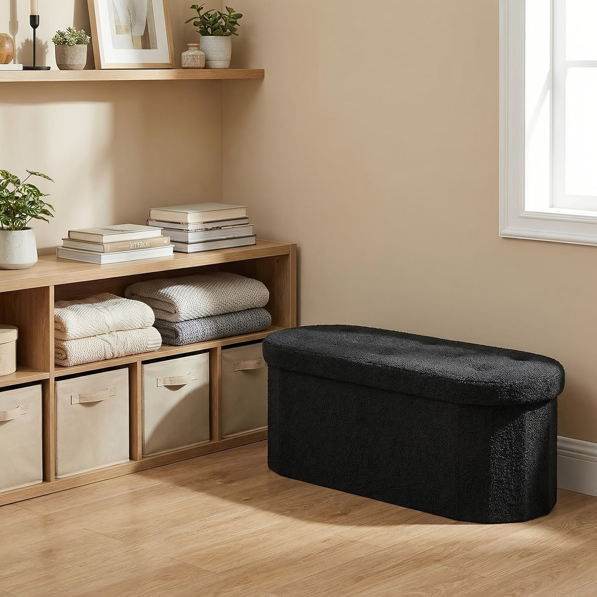 Folding Storage Ottoman Bench – Oval Round Cushioned Foot Stool with Storage Chest, 250 lb Capacity, 30" & 43", Black & White