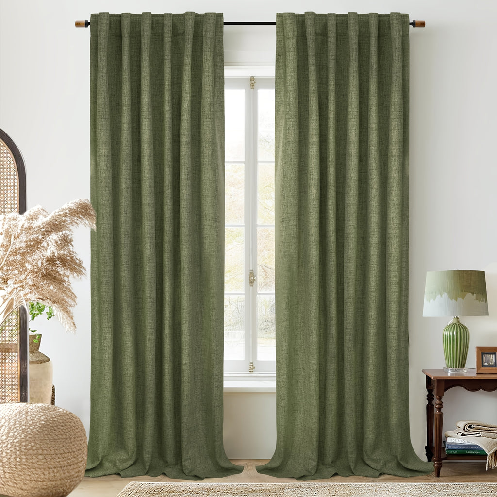 Linen Blackout Curtains 2 Panels – 100% Light Blocking Farmhouse Thermal Insulated Drapes, Rod Pocket Back Tab Ring Clips, Machine Washable, Living Room Bedroom, 9 Colors Multiple Sizes