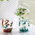 Double Wall Glass Coffee Cups Set of 4 with Handle – 12oz Leakproof Thermal Mugs for Tea, Latte & Cappuccino | Dried Flower & Petal Designs | Gift for Coffee Lovers