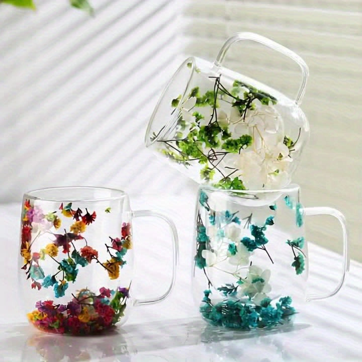 Double Wall Glass Coffee Cups Set of 4 with Handle – 12oz Leakproof Thermal Mugs for Tea, Latte & Cappuccino | Dried Flower & Petal Designs | Gift for Coffee Lovers