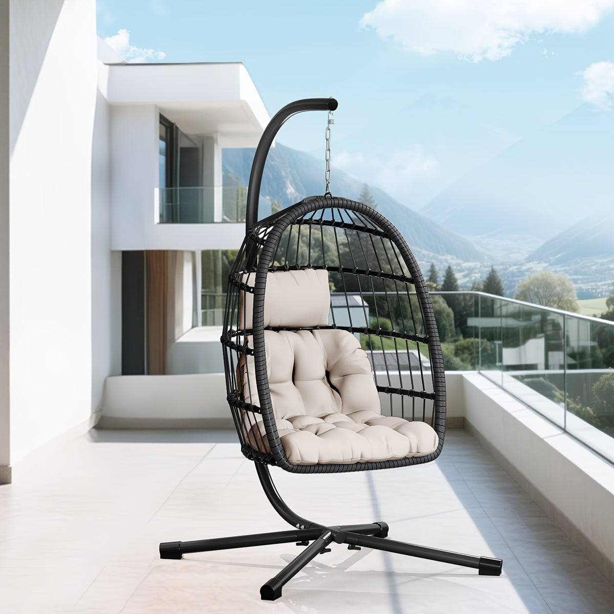 Egg Chair with Stand Rattan Wicker Outdoor Swing Hammock Chair Thickened Aluminum Frame UV-Resistant Cushion 350LBS Single or Two-Seater
