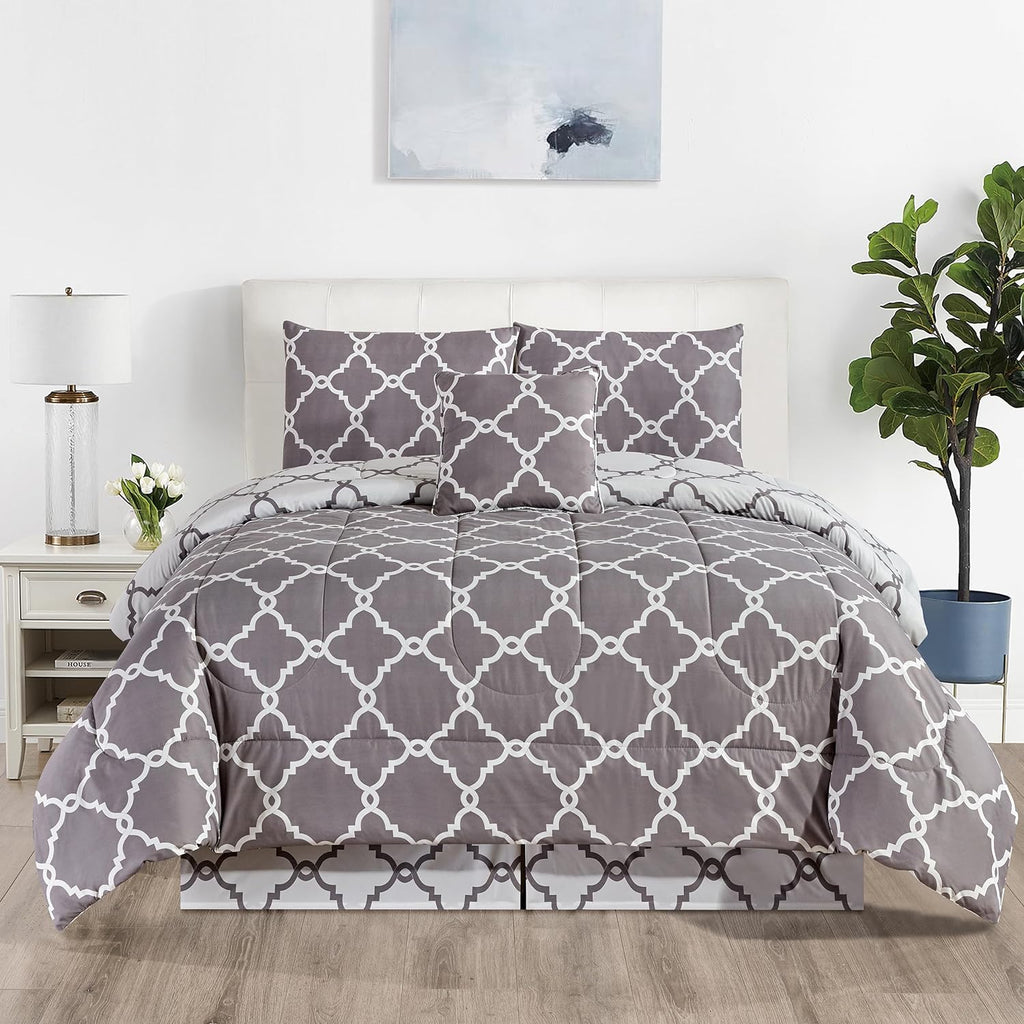 5-Piece Comforter Set – Reversible Quilted Down Alternative Bedding Set with Pillow Shams, Bed Skirt & Cushion | All Season | Twin, Queen, King