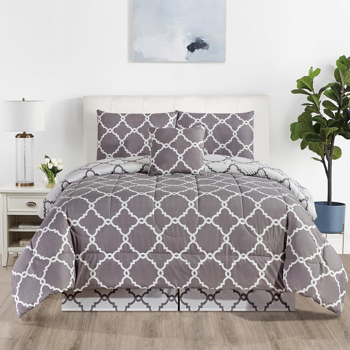 5-Piece Comforter Set – Reversible Quilted Down Alternative Bedding Set with Pillow Shams, Bed Skirt & Cushion | All Season | Twin, Queen, King