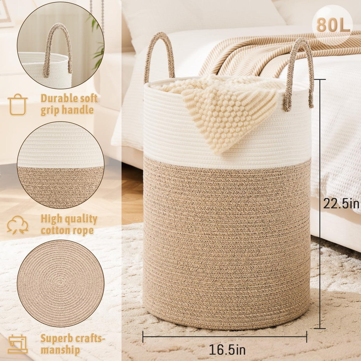 Collapsible Woven Rope Laundry Basket & Hamper - 4 Sizes (12-26 Gal), Cotton Rope Storage Basket for Dirty Clothes, Blankets & Toys, Boho Bathroom Nursery & Living Room Decor