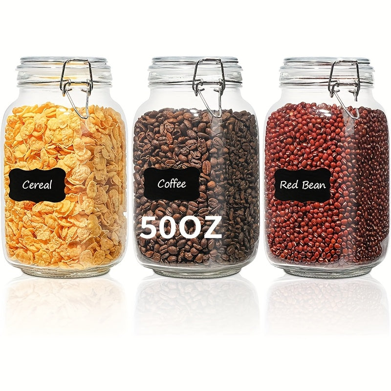 50oz Airtight Glass Jars with Lids Set of 3 - Square Borosilicate Food Storage Canisters for Pantry Organization, for Sugar Flour Cereal Coffee | Nuvia Haven