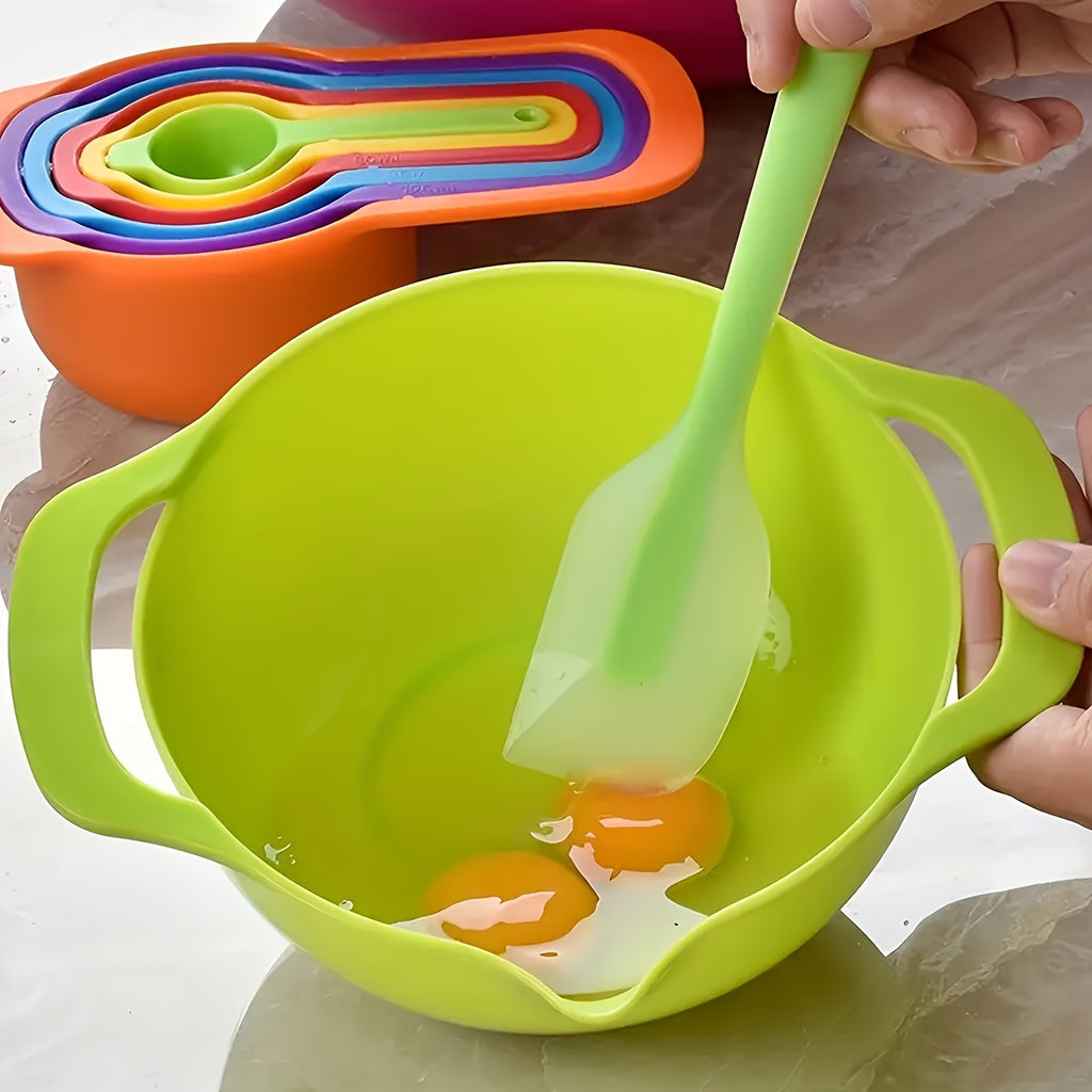 10-Piece Colorful Mixing Bowl Set with Measuring Cups, Spoons & Colander – Nesting Plastic Baking Bowls Kitchen Utensil Set