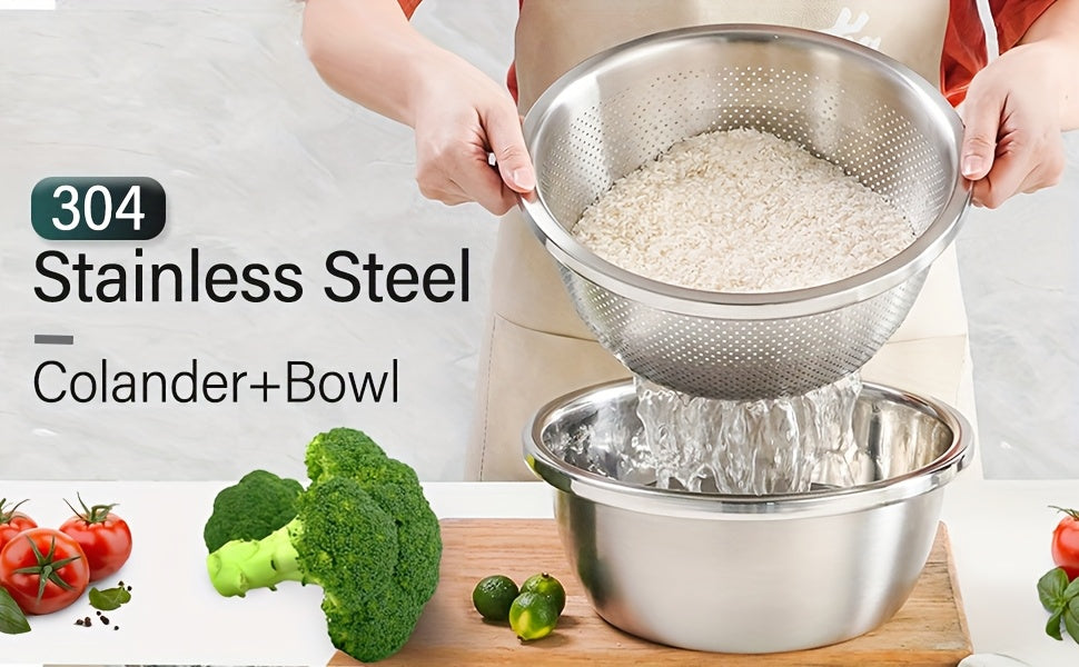 Stainless Steel Colander & Mixing Bowl Set – 304 Food-Grade Stackable Strainer Bowl for Washing Vegetables, Fruit & Rice, Dishwasher Safe Kitchen Colander, 7.09" or 11.02" Bowl + Sieve