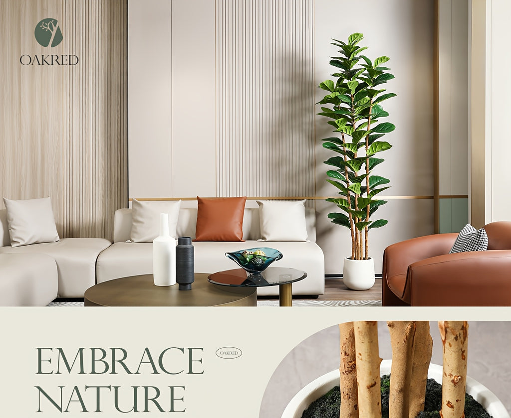 Artificial Fiddle Leaf Fig Tree 5ft Tall Faux Ficus with White Planter Natural Wood Trunk Fake Moss for Indoor Outdoor Living Room Office Porch Home Decor