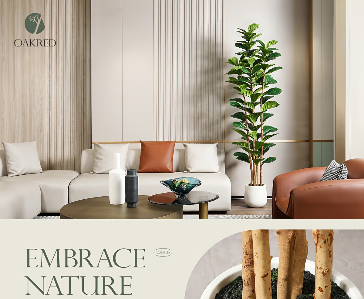 Artificial Fiddle Leaf Fig Tree 5ft Tall Faux Ficus with White Planter Natural Wood Trunk Fake Moss for Indoor Outdoor Living Room Office Porch Home Decor