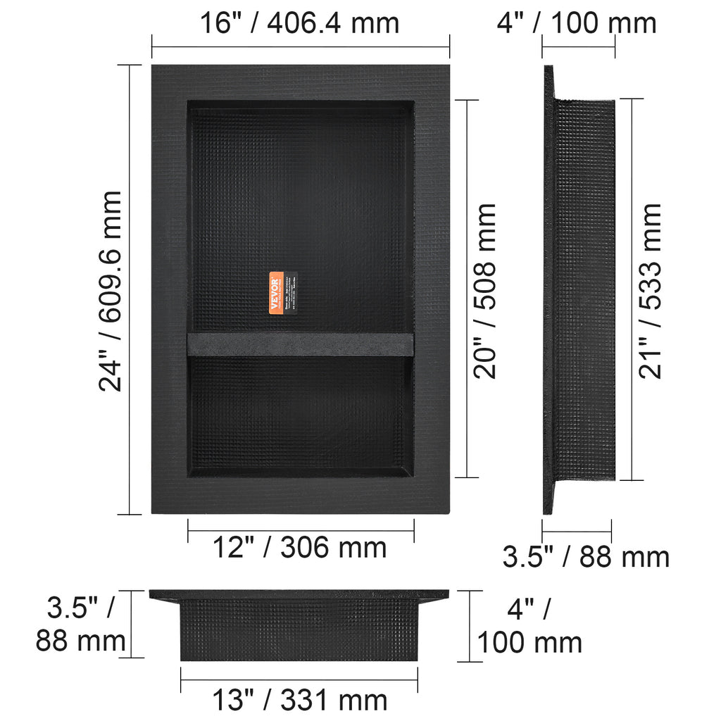Recessed Shower Niche 16x24 Inch Tile-Ready with Double Shelf, 100% Waterproof XPS Foam Wall Niche, Square Corners Built-In Storage for Shower & Bathroom, Black
