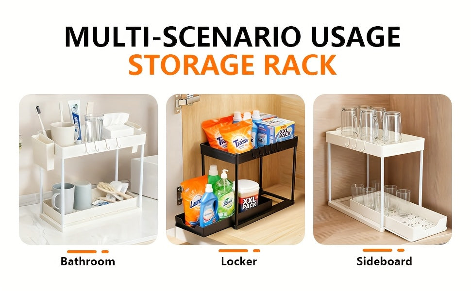 Bathroom Shelves Set of 2 – Punch-Free Retractable 2-Tier Storage Rack with Hooks & Hanging Cups for Bathroom, Kitchen & Laundry