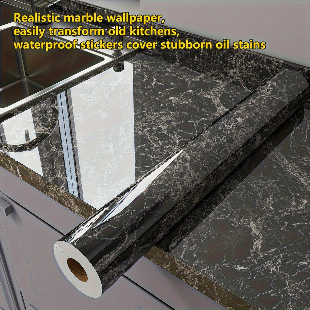 Marble Contact Paper Waterproof Self-Adhesive PET Film Heat Oil Resistant Glossy Vinyl Wrap for Kitchen Cabinets Bathroom Countertops Drawer Liner Furniture Decor White Black Marble 15.75x196.85 in