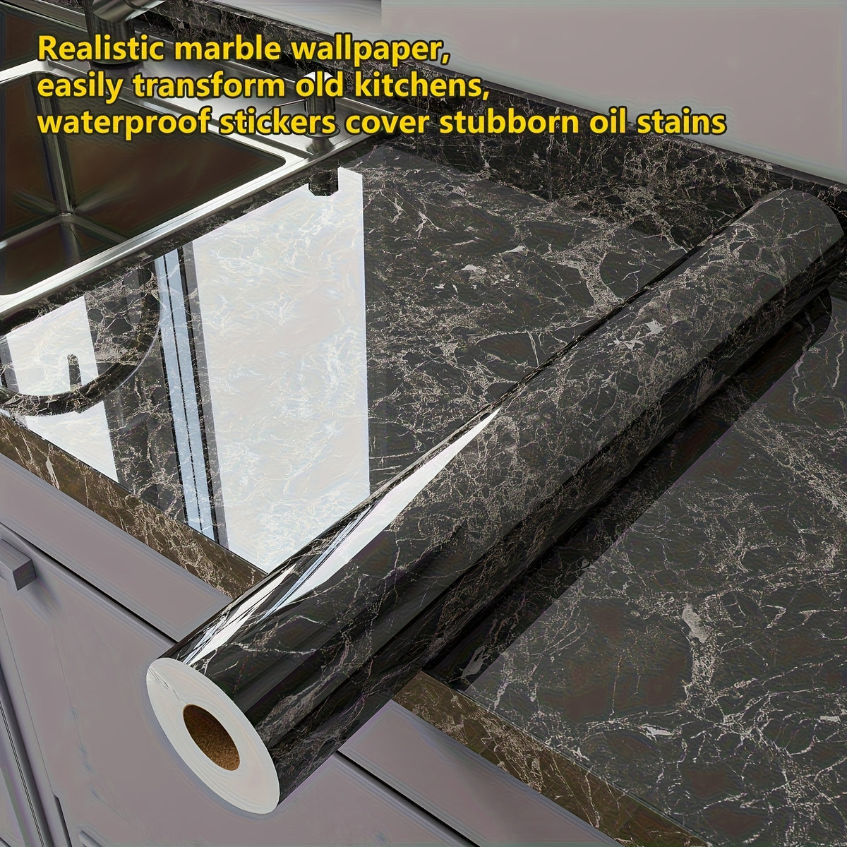 Marble Contact Paper Waterproof Self-Adhesive PET Film Heat Oil Resistant Glossy Vinyl Wrap for Kitchen Cabinets Bathroom Countertops Drawer Liner Furniture Decor White Black Marble 15.75x196.85 in