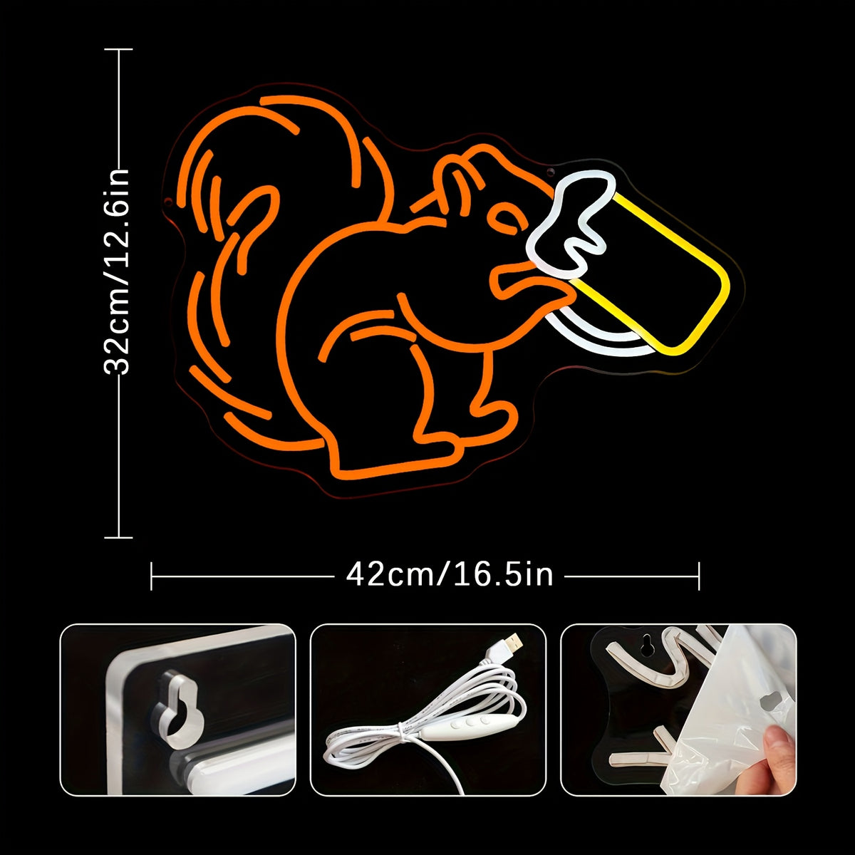 Squirrel Drinking Beer Neon Sign LED Dimmable USB Powered Bar Light for Man Cave Home Bar Pub Cafe Party Wall Decor