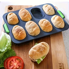 Silicone Bread Baking Pan 8-Cavity Non-Stick Perforated French-Style Mold – Food-Grade Mini Bread Tray with Handle for Homemade Rolls, Hot Dog Buns & Dinner Rolls, Dishwasher & Oven Safe