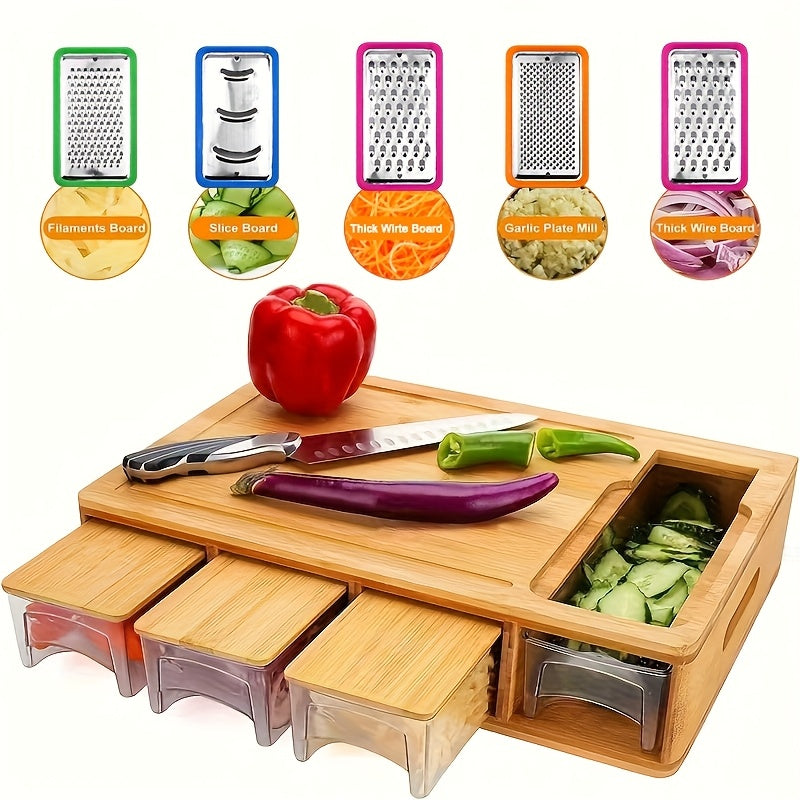 Bamboo Cutting Board with Food Container, Cheese Shredder & Juice Tank – All-in-One Wooden Carving Board for Vegetables, Meat & Cheese – Easy Grip Handle, Kitchen Prep Board
