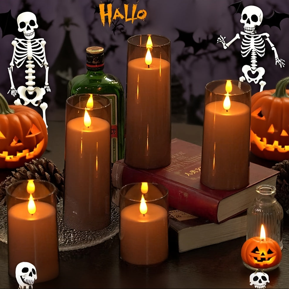 Flameless LED Pillar Candles Set of 5 with Remote Control & Timer, Battery Operated Flickering Candles, 3-Inch Diameter Organic Glass, 4" 5" 6" 8" Sizes - Ivory, Gray & Amber for Home & Halloween Decor