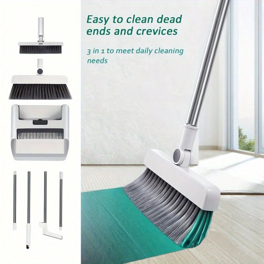 3-in-1 Broom, Dustpan & Floor Brush Combo Set with Trash Bag Roll – Compact Household Cleaning Kit for Kitchen, Bathroom, Living Room, Patio & Outdoor Use, White